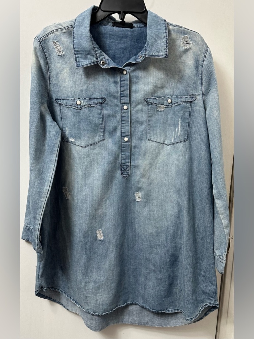 Distressed Denim Tunic Top - Light Blue